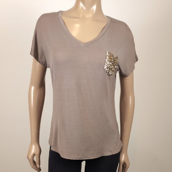 Bedo Femme Sequin Pocket Top Vneck Short Sleeve Dolman Tshirt Brown Gold Modal - Picture 2 of 9